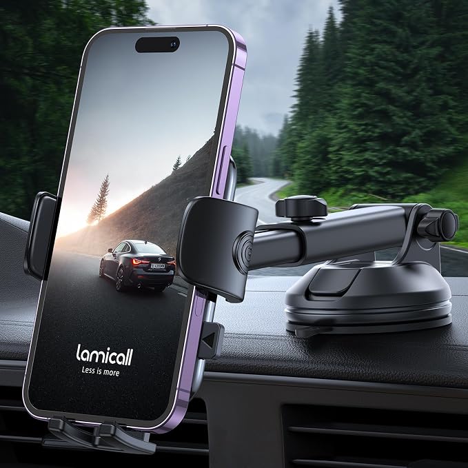 Lamicall Car Phone Holder - [Strongest Military-Grade Suction Cup] 360° Rotation Phone Holders for Your Car Quick Release Adjustable Phone Mount for Car Dashboard for iPhone 17 16 Pro Max Dark Grey