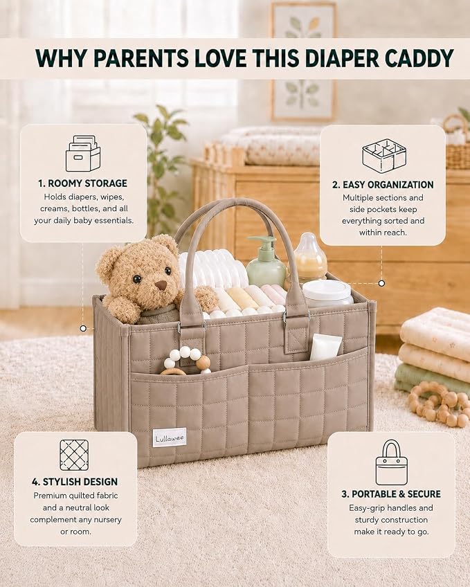 Baby Diaper Caddy Organizer, Portable Nursery Storage Basket with Handle for Newborn Boy or Girl, Gift for Baby Shower Essentials, Registry Must Have Bag, Caddie Car Organizer, Brown