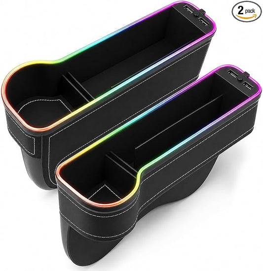 2 Pack Car Gap Filler Organizer with Charger Upgrade LED Seat Gap Organizer Box with Cup Holder Card Slot Larger Storage Space Reducing Item Loss