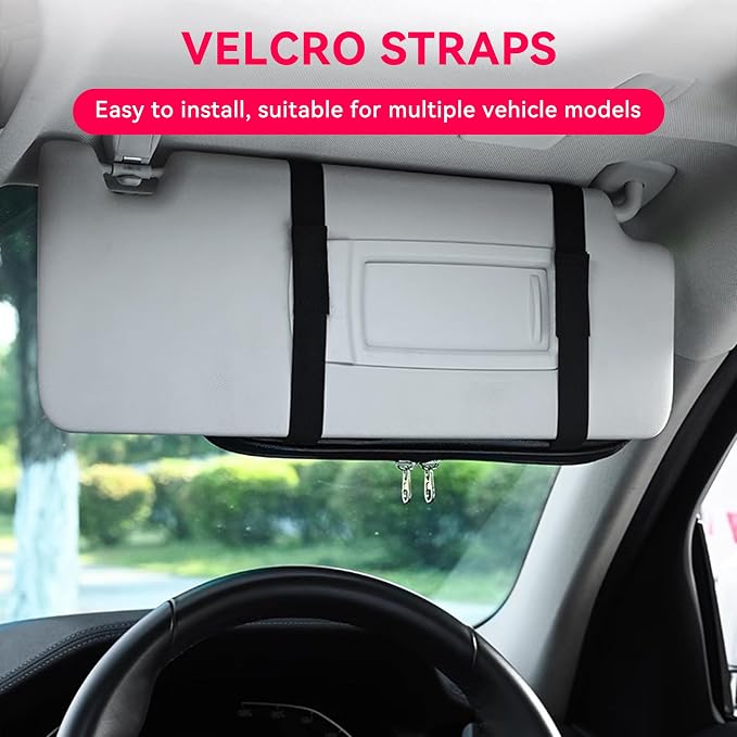 Car Sun Visor Organizer, Multi-Pocket PU Leather Sunglass Holder and Storage Pocket with Net Zipper, Card Sleeve Pocket Organizer, Auto Interior Accessories for Vehicle, Truck, SUV (Purple)