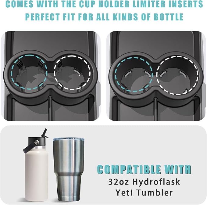 BestEvMod Upgraded V3 Armrest Storage Box and Cup Holder Lower Center Console Organizer Tray with PVC Trim Removable Coin Holder Compatible with Rivian R1T/R1S 2022-2024 (V3 Console+Lower Tray Black)