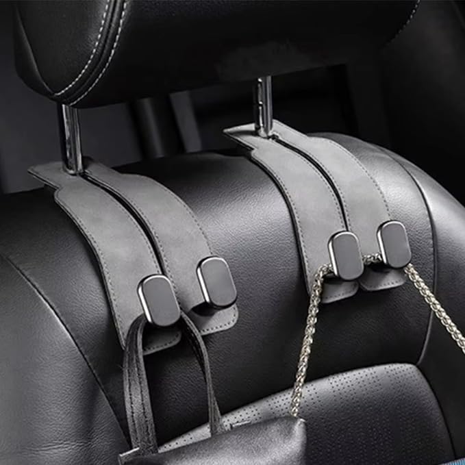 2 Pack Car Headrest Hooks - Premium Leather Seat Holder for Purses and Bags (Grey)