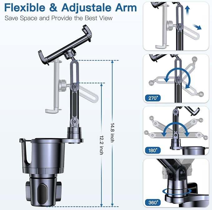 Cup Holder Phone Tablet Mount, 2 in 1 iPad Car Cup Holder with Expander Adjustable Arm for 4.7-10 inches Phone Tablet Mount Compatible for iPad Pro Air Mini, Fire,iPhone 17,Galaxy Phones