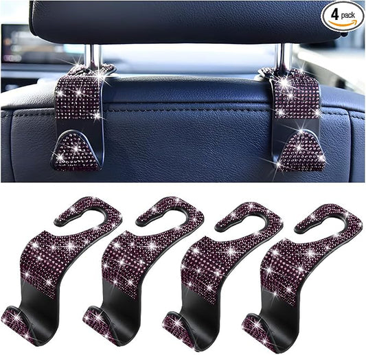 Mandark 4PCS Bling Car Seat Headrest Hooks, Crystal Rhinestone Vehicle Seat Back Hanger for Grocery Purses Handbags, Diamond Auto Seatback Storage Organizer Hanger, Universal for Most Cars (Purple)