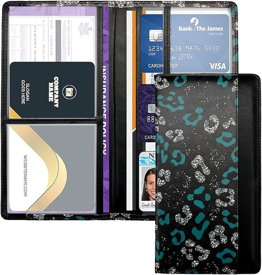 Car Registration and Insurance Holder with Magnetic Closure, Universal Document Organizer for License, Insurance Cards & Glove Box Storage (Leopard-Green and Silver)
