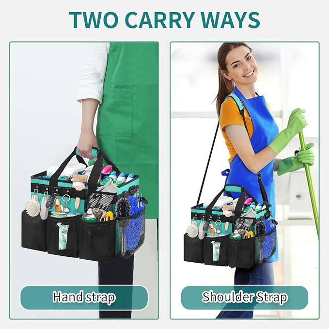 Cleaning Bags for Housekeepers, Large Cleaning Supplies Organizer with Handles & Shoulder Strap, Cleaning Caddy Bag with Foldable Divider for Cleaners, Car Horse Cleaning Bag (Green)