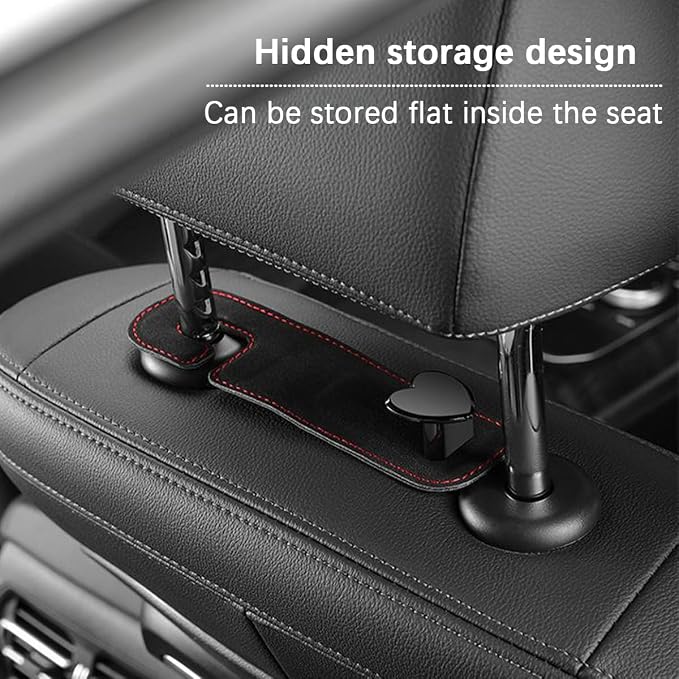 Car Seat Headrest Hook, 2PCS Suede Leather Cute Love Heart Type Vehicle Storage Hanger for Purse Bag, Auto Interior Seat Back Organizer Accessories, Universal for SUV Sedan Truck (Black)