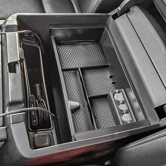 Center Console Organizer for 2014-2018 Chevy Silverado 1500 / GMC Sierra 1500 Accessories and 2015-2019 Sierra/Silverado 2500/3500HD and 15-2020 Yukon/Yukon XL/Tahoe/Suburban Armrest Storage Box black