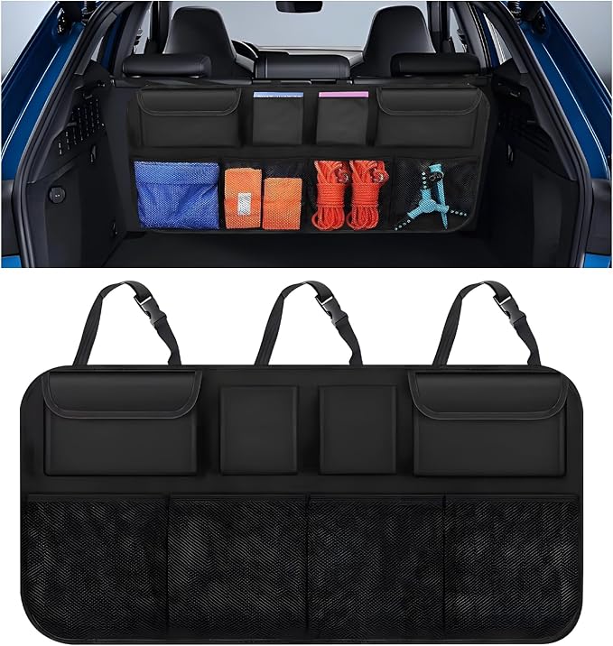 Car Trunk Organizer, Space Saving Backseat Hanging Storage with 4 Large Pockets, Super Capacity Vehicle Trunk Organizer Bag, Universal for Cars SUVs Trucks Vans, Car Accessories (Upgraded)
