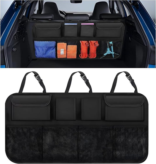 Car Trunk Organizer, Space Saving Backseat Hanging Storage with 4 Large Pockets, Super Capacity Vehicle Trunk Organizer Bag, Universal for Cars SUVs Trucks Vans, Car Accessories (Upgraded)