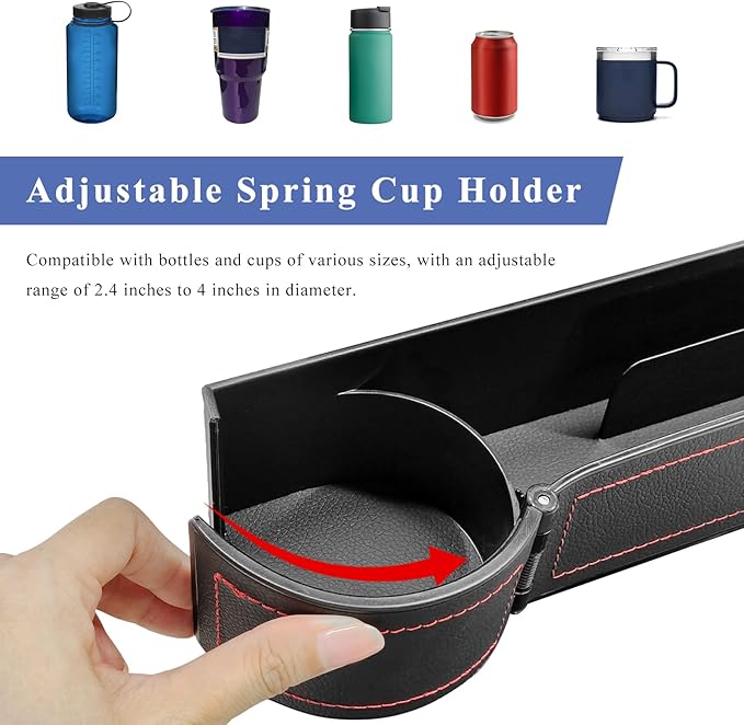 Car Seat Gap Filler Organizer, Auto Leather Seat Organizer with Adjustable Cup Holder, Multifunctional Side Insert Center Console Storage Box for Phone Drink Sunglasses (Black & Red)