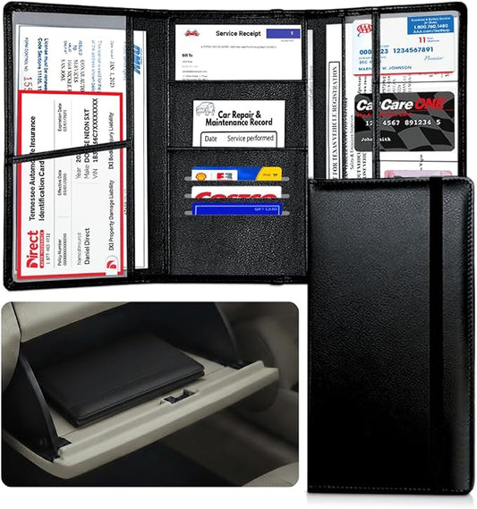 LINTRU Car Registration and Insurance Holder, 12-Pocket Trifold, Glove Box | 3.0mm Reinforced, 16"×9.5" Oversized, Elastic Strap No Magnet, PU Leather, Car Accessories for Men Women