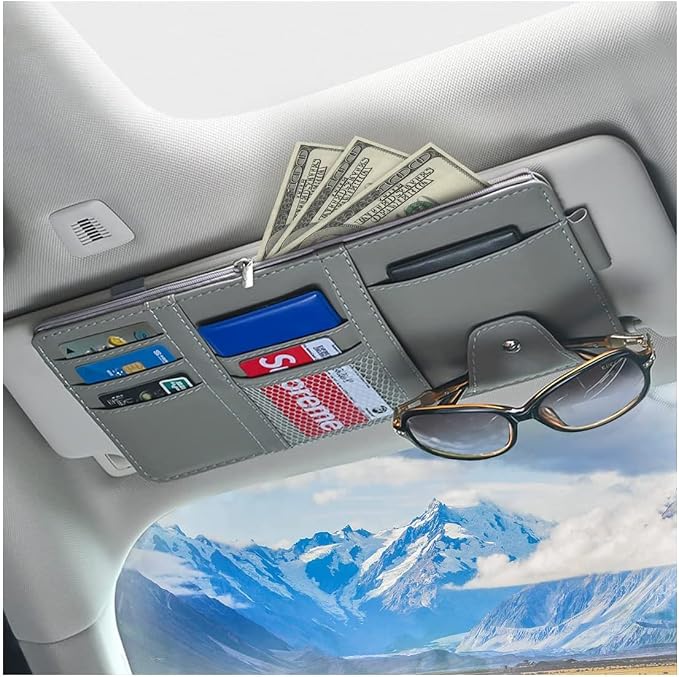 XINLIYA Car Sun Visor Organizer, Leather Storage Pocket Sun Visor Pouch with Zipper for Cards License Registration Pen Glasses Document, Fits Most Car SUV, Auto Interior Accessories (Gray)