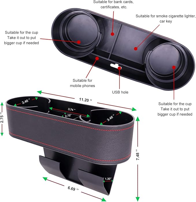 Car Seat Organizer Cup Drink Holders,Multifunctional Gap Filler Storage Box,Insert Organization Helps Reduce Distracted Driving&Holds Phone Mount Mug Bottle Cellphones Coasters Wallet Cards (Black)
