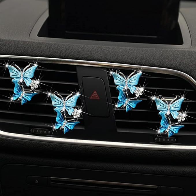 Car Air Fresheners Vent Clips for Women, Cute Dual Butterfly Diamond Rhinestone Air Freshener Vent Clip Sparkly Bling Car Accessories for Women (Blue)