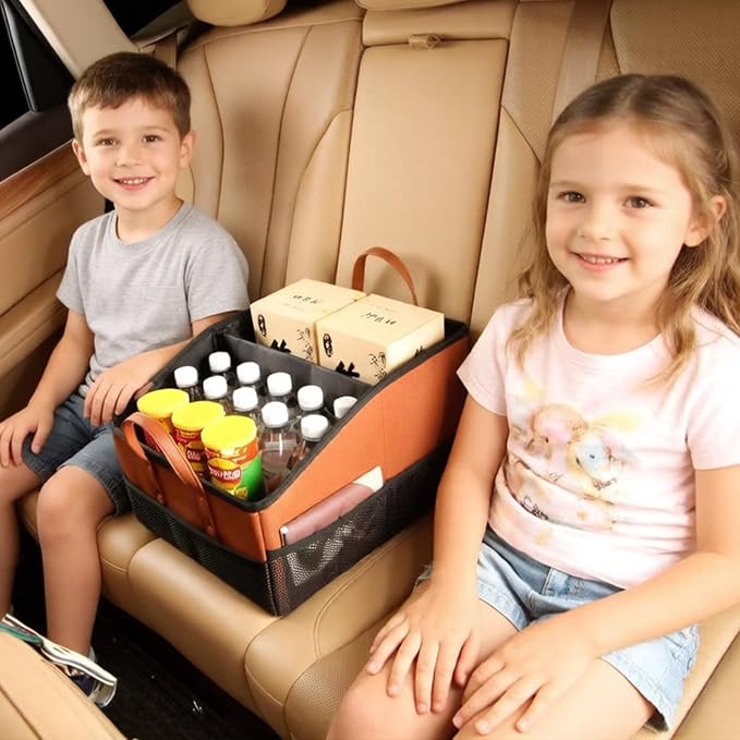 Collapsible Car Seat Organizer with 9 Compartments, Folds Flat, Brown | Dividable Partitions storage with dividers & mesh pockets. Fits front/back seats. Folds flat for easy storage when not in use