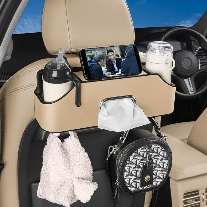 Car Seat Back Organizer - Stylish & Functional Storage for Family Adventures - Cup Holders, Tissue Box & Hooks - Perfect for Kids, Road Trips & Travel (Beige)