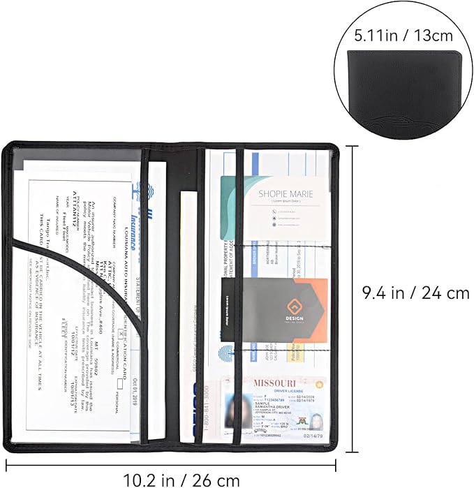 Car Registration and Insurance Holder, Premium Pu Leather Vehicle Glove Box Organizer - for Driver License, Cards & Essential Documents (L-Black)