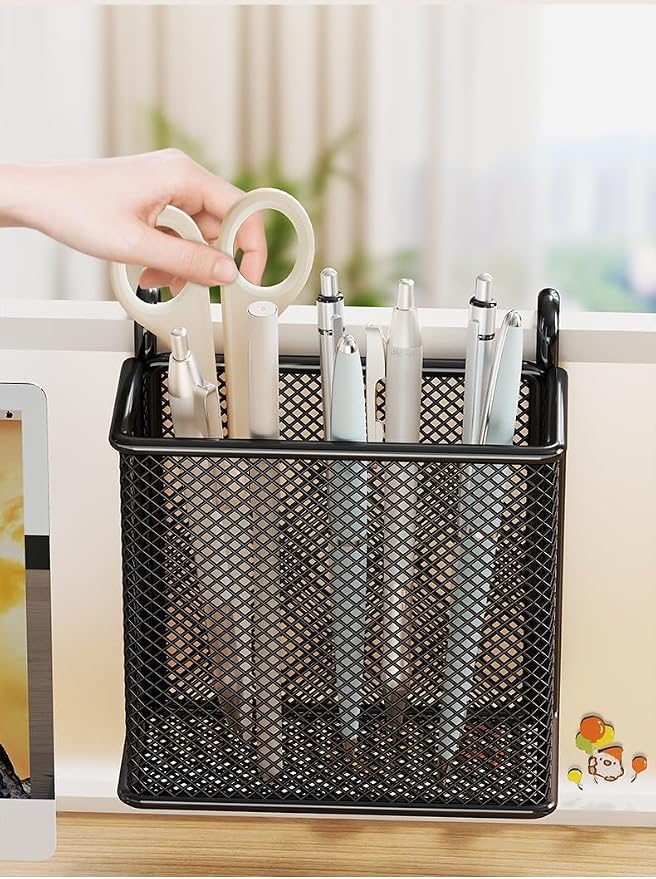 Hanging Pen Holder with Hook Storage Box - Wall-Mountable Desk Organizer for Office Desktop, Partition Screen, Workstation & Bedroom Side Storage (white)