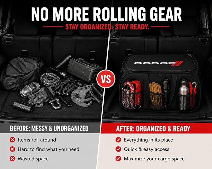 SR1 Performance USA Dodge Pop Up Cargo Organizer – Expandable Collapsible Trunk Storage Caddy for Challenger, Charger, Durango, Hornet, Dart & More – Black with Logo