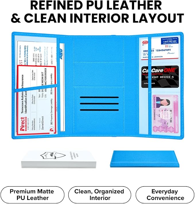 LINTRU Car Registration and Insurance Holder, 12-Pocket Trifold, Glove Box | 3.0mm Reinforced, 16"×9.5" Oversized, Elastic Strap No Magnet, PU Leather, Car Accessories for Men Women