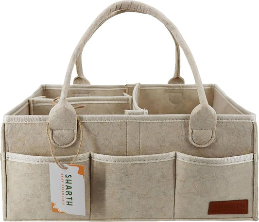 Sharth Baby Diaper Caddy Organizer with Upgraded Stitched Edges – Foldable Felt Nursery Organizer with Handle, Removable Dividers & 8 Outer Pockets, Portable Baby Shower Registry Gift (Beige)