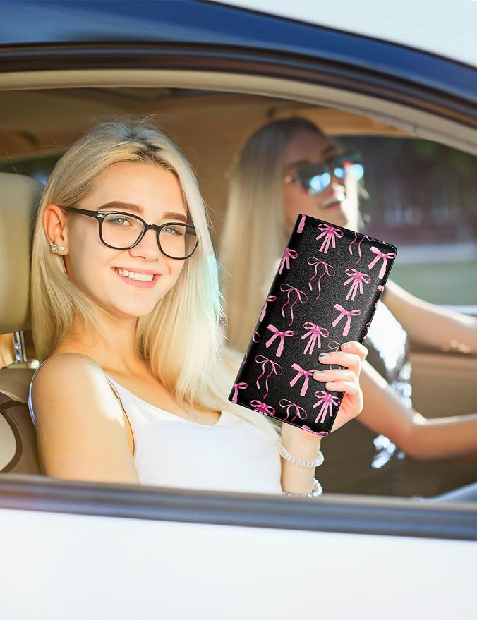 Mymazn Car Registration and Insurance Holder, PU Leather Glove Box Car Organizer with Magnetic Closure, Car Document Holder for Driver's License & Essential Documents (Pink Bow)