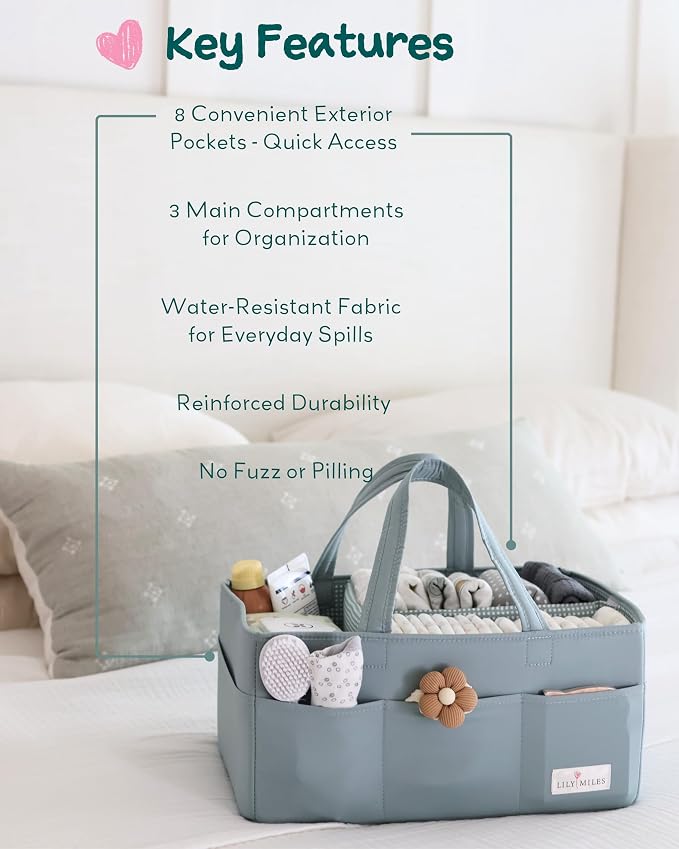 Lily Miles Baby Diaper Caddy Organizer, Wipeable Diaper Organizer Basket with 8 Pockets for Newborn Essentials, Nursery Tote Bag for Changing Table & Car Organization (Willow Green, Large)