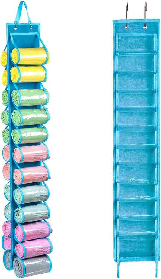 Legging Storage Bag Storage Hanger Can Holds 24 Leggings or Shirts Jeans Compartment Storage Hanger, Foldable Leggings Organizer Clothes Portable Closets Roll Holder (Blue)