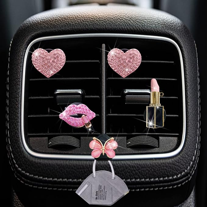 Bling Heart 4 Pcs Pink Lip Air Vent Clips + Butterfly Mask Hook