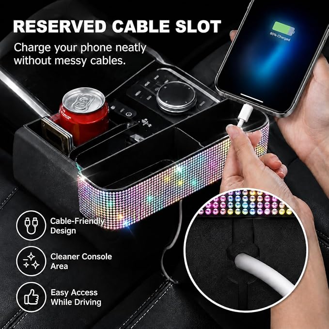 Bling Bling Car Seat Organizer Front Seat Gap Filler with Crystal Rhinestones Diamond, PU Leather Car Seat Console Storage Organizer for Car Accessories (Colorful)