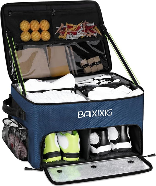 Golf Trunk Organizer, Waterproof Car Golf Locker with Separate Ventilated Compartment for 2 Pair Shoes, Golf Storage for Balls, Tees, Cap, Clothes, Gloves, Accessories, Gifts for Men, Women