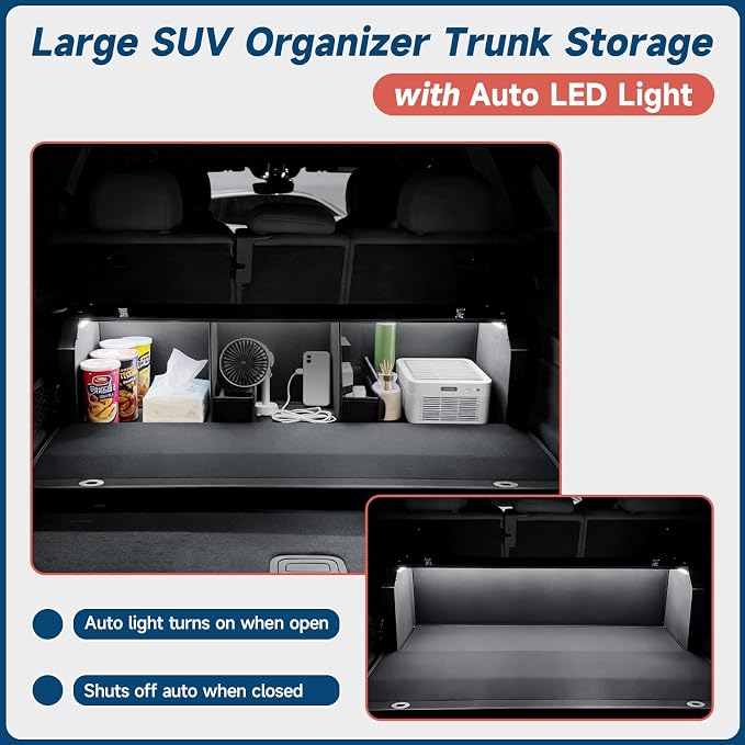 Trunk Organizer SUV with LED Light, Waterproof Leather Car Trunk Storage Organizer with Lights, Large Capacity Sturdy Car Storage Box Powered by 4 AA Batteries (Batteries Not Included)