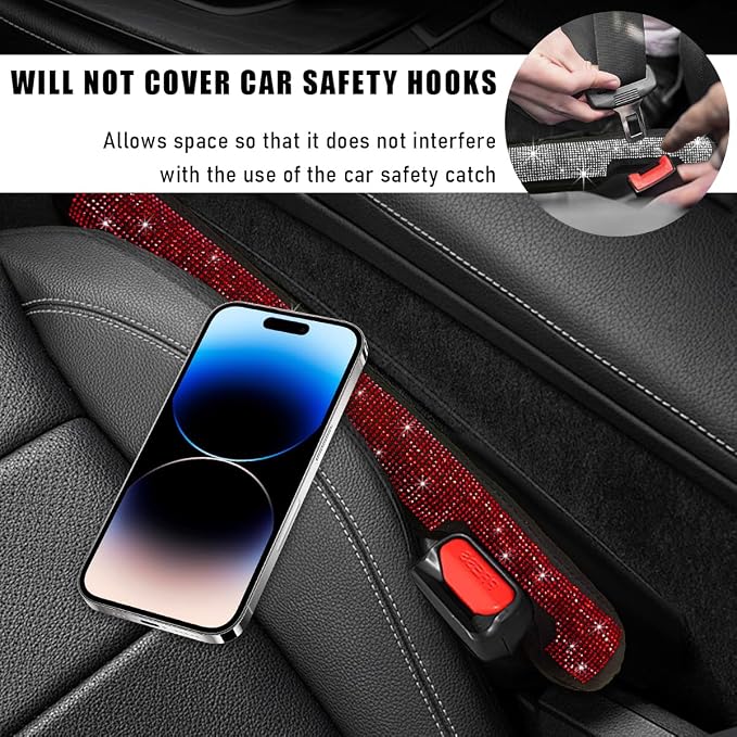 2PCS Bling Car Seat Gap Filler, Sparkling Rhinestone Side Seat Gap Blocker Stop Things from Dropping, Soft Foam Car Truck Filler Blocker Fill The Gaps Between Seats and Console (Red)