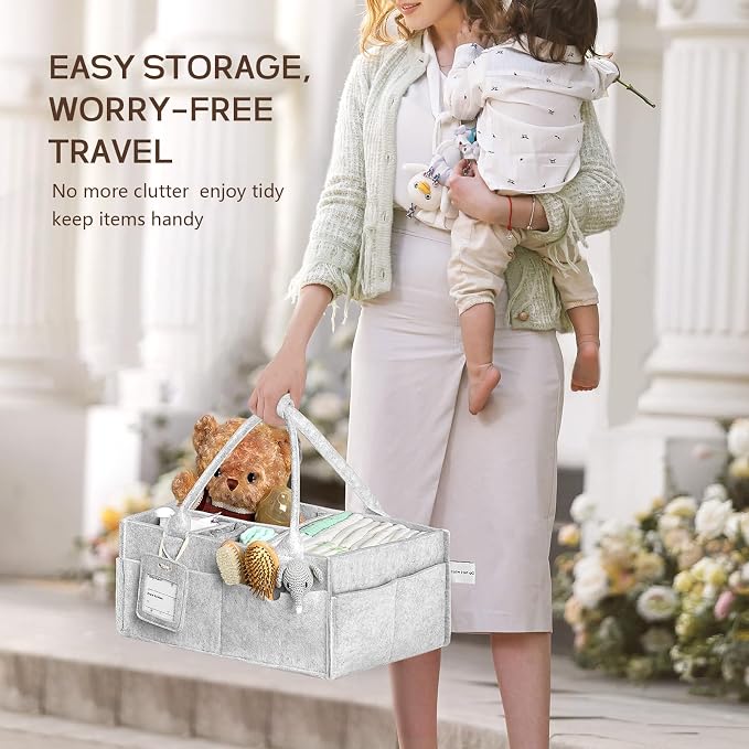 GEMII Diaper Caddy Organizer-Large Baby Caddy Organizer with Handle, Newborn Registry Essentials, Baby Shower Basket Gifts for Boys or Girls (Gray, Large)