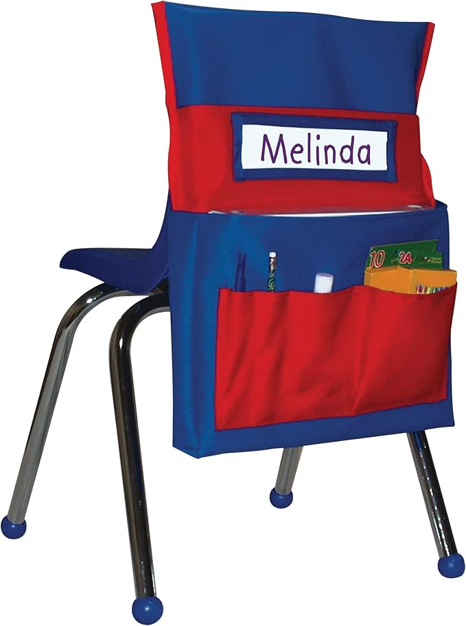 Carson Dellosa Chairback Buddy Pocket Chart―Blue and Red Desk Chair Seat Back Organizer With 6 Pockets for Classroom Supplies, Student Name Tag With Pocket (15" x 19")