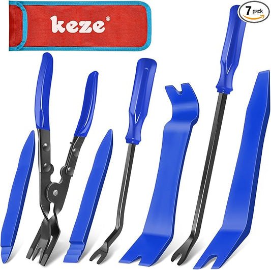 Keze 7 Pcs Auto Plastic Trim Removal Pry Tool & Clip Plier Remover Kit for Removal Car Body Upholstery Door Panel Dashboard Automotive Push Rivets Fasteners-Blue