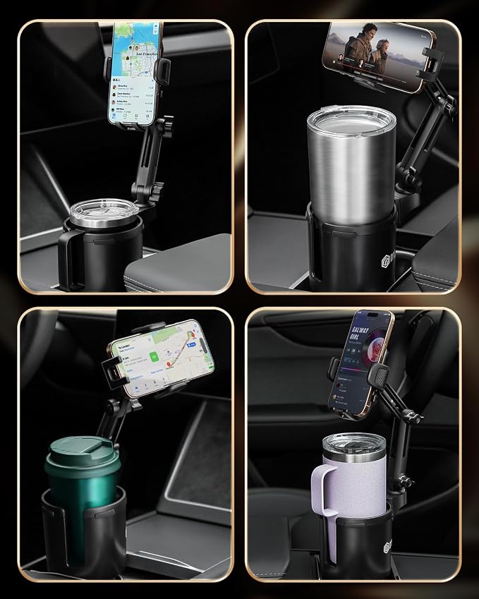 DYLEN Cup Holder Phone Holder for Car, 2 in 1 Cup Holder Phone Mount with Adjustable Base, Long-Arm Supports 360° Rotation, Car Phone Holder Compatible with All Phones| Anti-Slip&No Shake Design