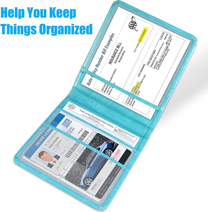 DMLuna Car Registration and Insurance Holder, Folio Leather Vehicle Card Document Glove Box Organizer, Auto Truck Compartment Accessories for Essential Information, Driver License Cards, Sky Blue