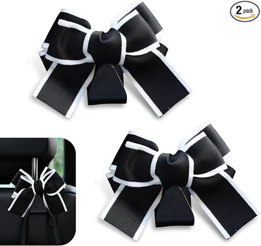 2PCS Car Seat Headrest Hooks, Car Purse Hook for Car, Cute Bow Car Rear Seat Storage Hooks, Interior Decorating Accessories for Purses, Bags, Umbrellas (Black-White)