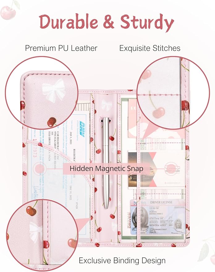 Mymazn Car Registration and Insurance Holder, PU Leather Glove Box Car Organizer with Magnetic Closure for Driver's License & Essential Documents (Pink Cherry)
