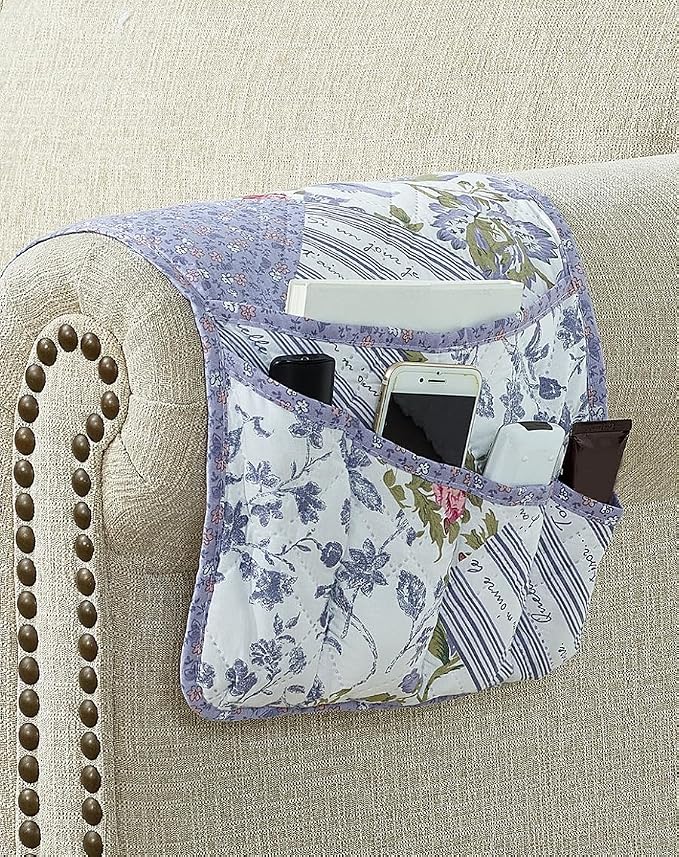 Brilliant Sunshine Rose Violet Patchwork Couch Armrest Organizer, Non Slip Armchair Caddy for Sofa Recliner, Washable Remote Control Holder, Storage for Magazine, Phone, iPad (35"×13")