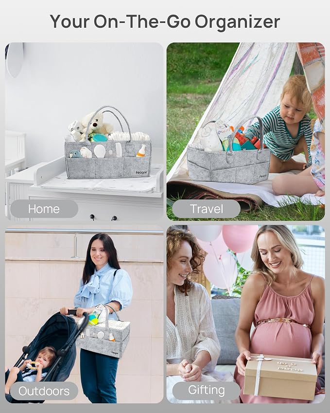 Feagar Baby Diaper Caddy Organizer with Handle, 15 Inch Large 2 Pack Set with 8 Pockets & 2 Dividers, Portable Nursery Storage Basket & Car Organizer for Changing Table, Travel (Grey)