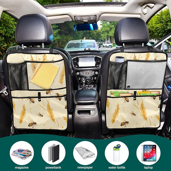 Fall Wheat Yellow Bees 2 Pack Backseat Car Organizer with Storage Pockets Seat Back Organizers for Kids Kick Mats Backseat Protector Automotive