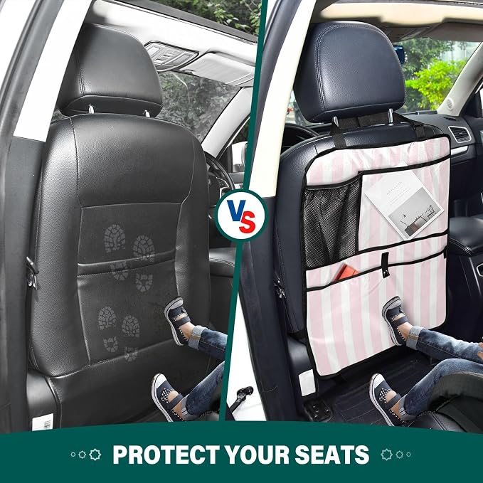 Pink and White Stripes 2 Pack Backseat Car Organizer with Storage Pockets Seat Back Organizers for Kids Kick Mats Backseat Protector Automotive