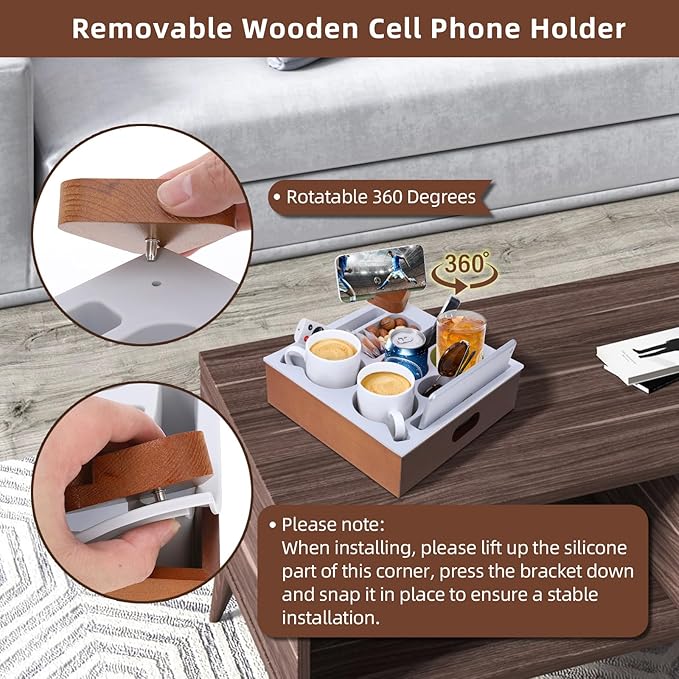 Hanaoyo Couch Cup Holder Tray, Soft Silicone Wooden Couch Caddy with Carrying Handle, Sofa Cup Holder for Bed Car Beach Organizer, Anti-Spill Sofa Cup Holder for Snacks Beverage Remote (Brown)