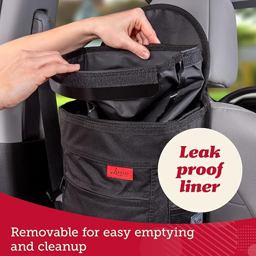 Lusso Gear Spill-Proof Car Trash Can - Leak-Proof Lid & Removable Liner for Car Bin - Travel Organizer with Mesh Pockets - 2.5 Gal, Black w Red Stitching