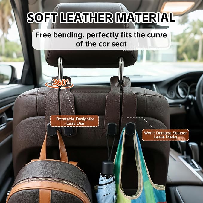 Car Seat Headrest Hooks for Purses and Bags, 4-Pack Heavy Duty Car Seat Hooks with Anti-Slip Pad, Universal Car Backseat Organizer Hanger Accessories for Grocery Bags (Brown)