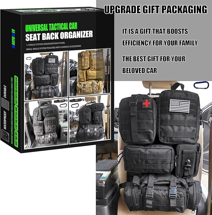 7 PACK Tactical Seat back organizer Truck organizer With 6 Detachable Pouches Universal For Car Truck Ford Jeep Military-Grade Heavier Panels With Multi-functional Packs (6 pack Black)