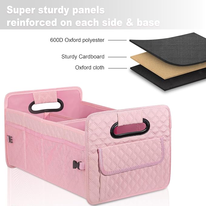 JiatuA Car Trunk Organizer for SUV, Car Storage Organizer Collapsible Multi Compartment Container Box, Adjustable Car Accessories for Women/Men, Pink